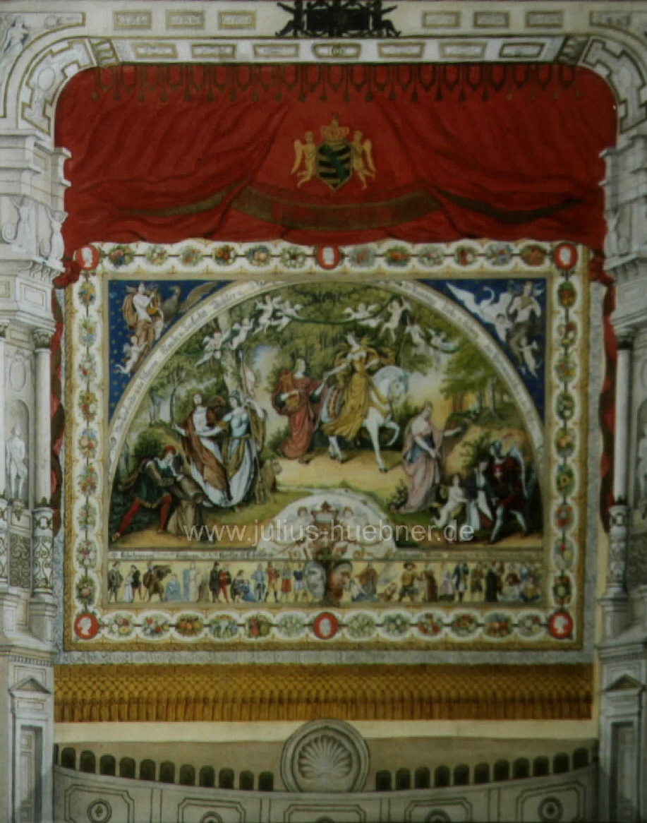 Bühnenportal und Schmuckvorhang J. Hübner | Bleistift, Wasserfarbe von Emil Manitius (Dresden, Museum für Geschichte)