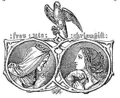 1. Abenteuer: Medallion: Ute und Kriemhilde
Zeichnung: J.Hübner | Holzschnitt: F. Unzelmann